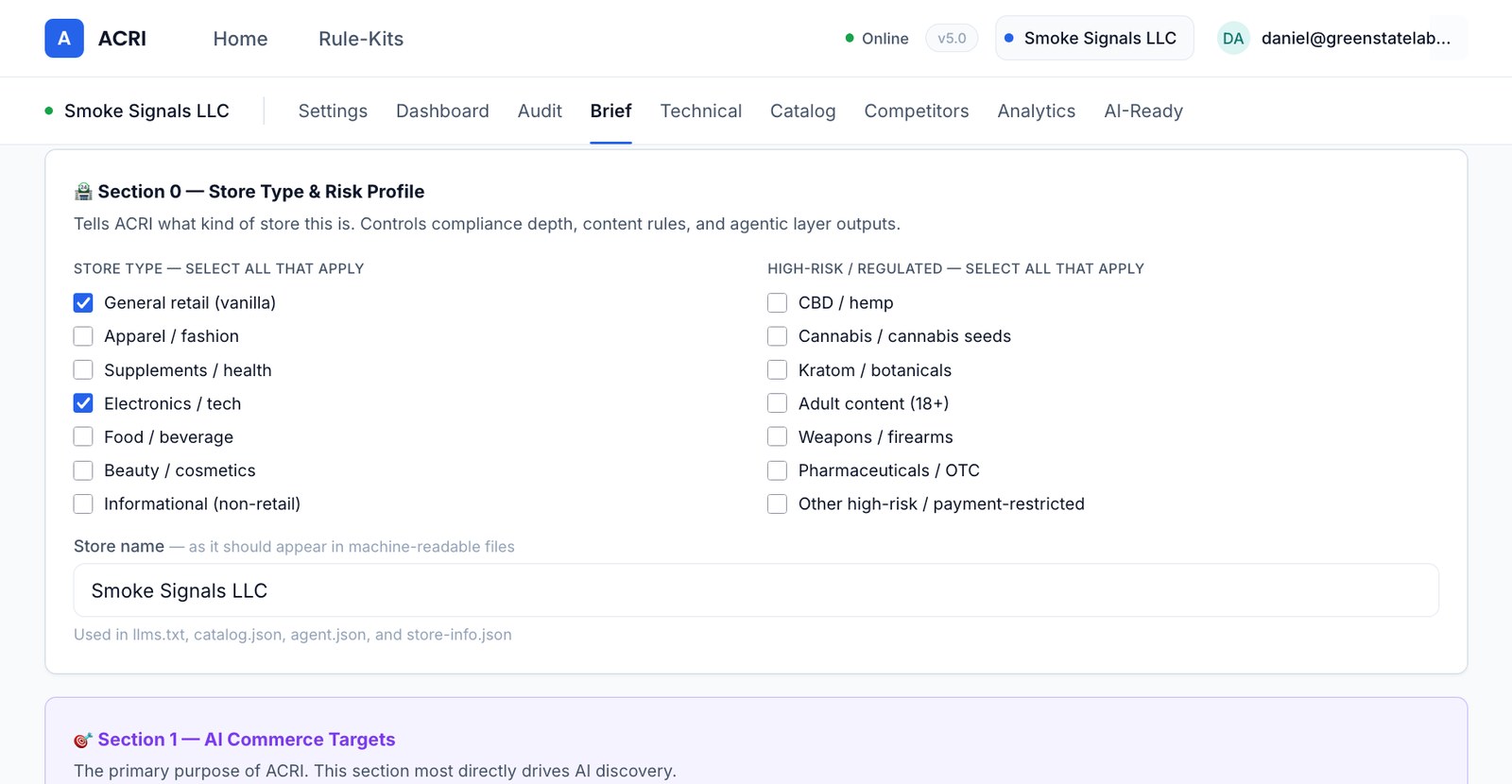 ACRI audit dashboard — AI commerce readiness scores across five layers